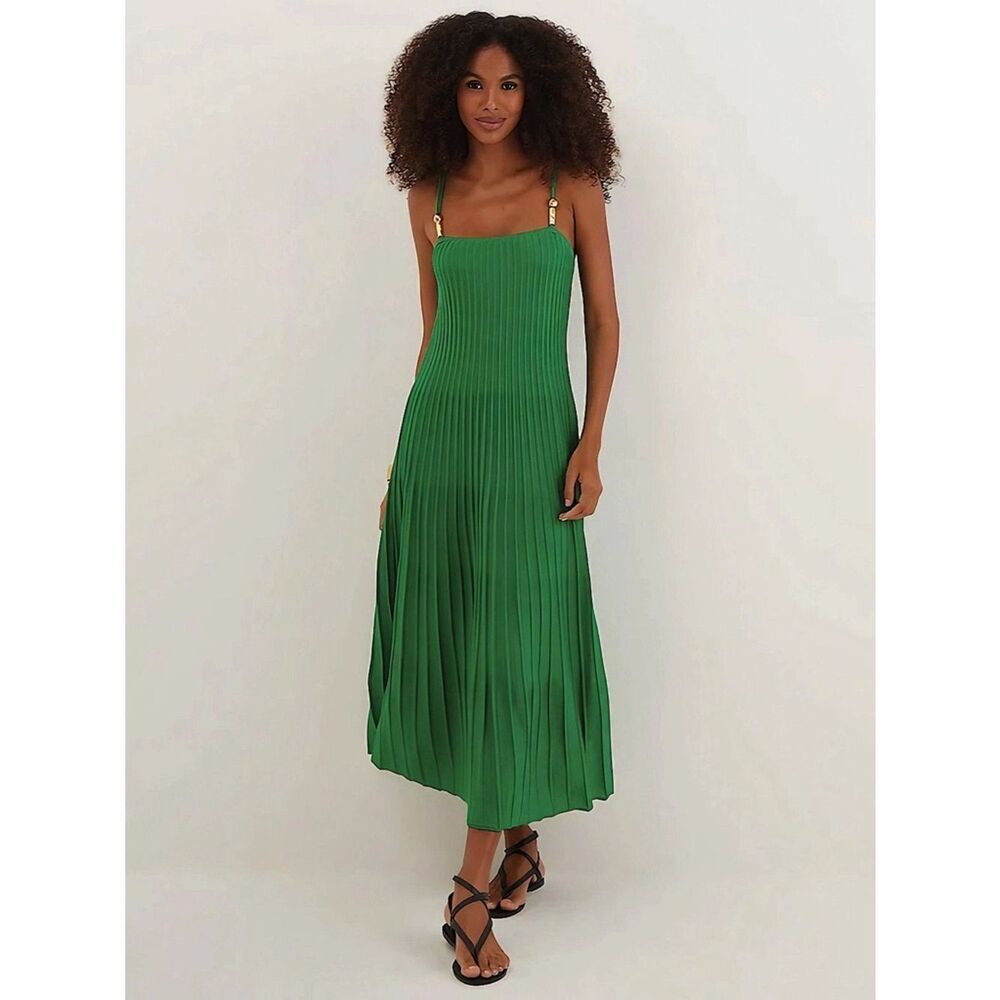 Vix NWT Knit Bruna Long Dress Green Pleated Spaghetti-Strap Size Small
